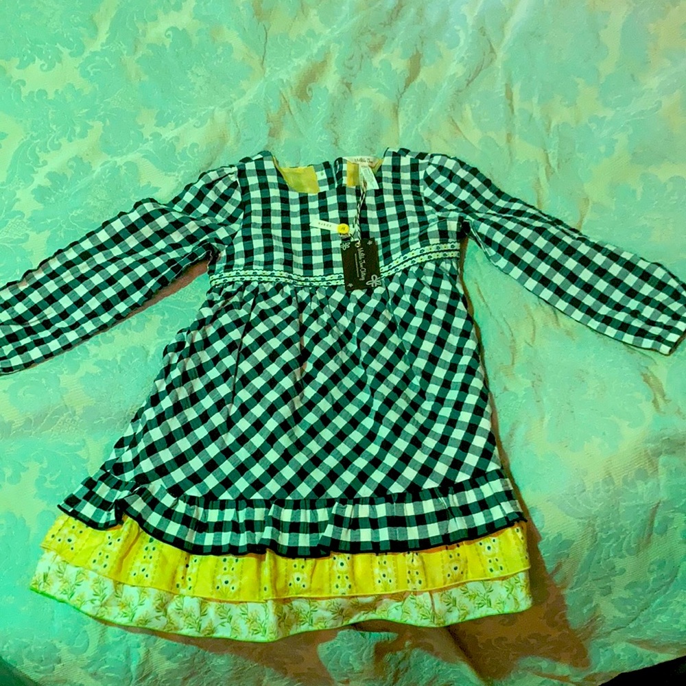 NWT Size 6 Matilda Jane girls dress navy white check w/ yellow ruffle & buttons